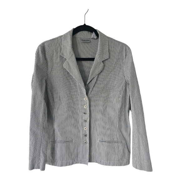 Chicos Shirt Jacket Women M/L Striped Black White Button Up Long Sleeve - Picture 1 of 13